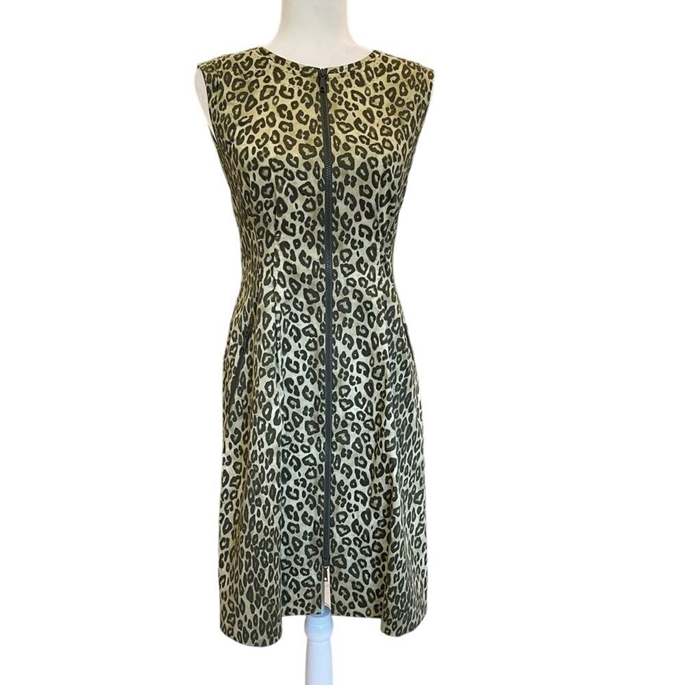 Lafayette 148 New York Size Small Sleeveless Zip Front Olive Animal Print Dress